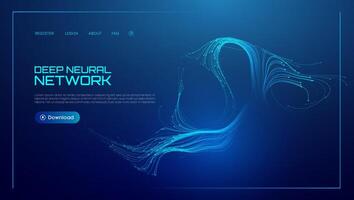 Neural network background with AI data in abstract tech waves. Blue science with artificial flow and digital light lines. Future graphic technology pattern in 3D banner concept design. vector