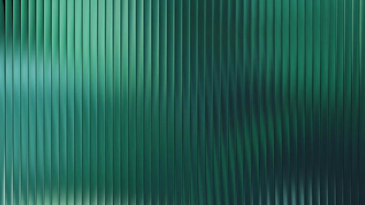 Green ribbed glass background with pattern, reed texture, and gradient effect. Abstract 3D blue premium window with fluted vertical lines and waves. Corrugated ribbed metal creates frosted wall decor.