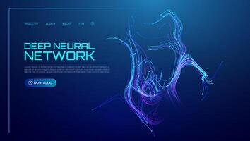 Neural network background with AI data in abstract wave lines. Tech blue science with artificial flow and digital light . Future graphic technology pattern in 3D concept with green energy. vector