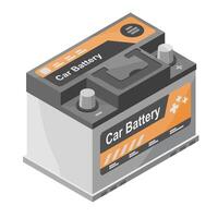 Isometric illustration of a car battery with labeled terminals and modern design used for automotive power and energy storage systems cartoon vector