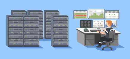 IT specialist monitoring server racks and analyzing system performance dashboards in a modern flat cartoon data center control room blue sky color tone vector