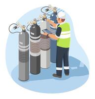 Industrial engineer inspecting gas cylinder system with checklist at factory facility for safety and maintenance control isometric cartoon vector