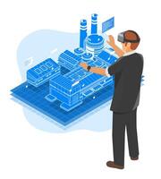 Isometric illustration of a man using virtual reality to manage and control a smart industrial facility representing advanced technology in modern manufacturing and factory operations vector