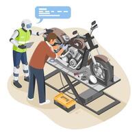 AI assistant helping a man repair a motorcycle as a hands-on hobby in a modern workshop with real-time guidance and learning support vector