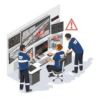 Traffic control team managing emergency road incidents and resolving critical congestion using real-time monitoring systems in city command center vector