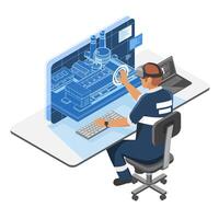 Industrial engineer using augmented reality and digital twin interface to operate and monitor smart factory equipment in a modern control room setting vector