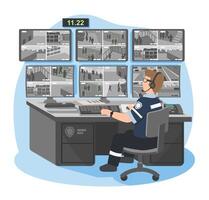 Security officer monitoring multiple surveillance cameras in control room for building safety and crime prevention during night shift vector