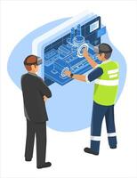 Engineer and executive using virtual reality to interact with a digital twin system for real-time industrial process visualization and smart factory management vector