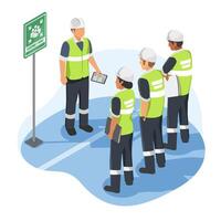 Construction team gathered at emergency assembly point for effective safety planning and efficient coordination briefing on site teamwork concept vector
