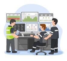 data center control room engineering team monitoring real-time server performance and system analytics in a high-tech flat cartoon vector
