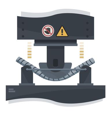 Flat cartoon illustration of a steel rebar bending machine used for quality testing and standard compliance in industrial construction materials lab