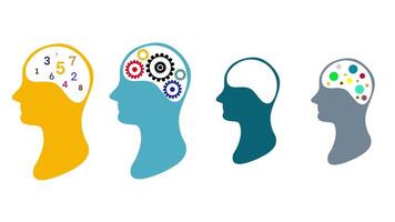 four human profiles showing different brain activity types using colorful symbols representing thinking, logic, creativity, and data processing video