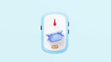3d online store, add to cart concept with mobile phone, shopping cart, basket isolated on blue background. floating smartphone, online shopping video