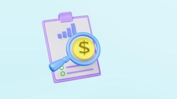 3d magnifying glass with clipboard, checklist paper, dollar coin, bar graph isolated on blue background. analysis business financial data, business strategy concept video