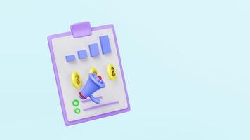 3d megaphone or loudspeaker, hand speaker icon with clipboard, checklist paper isolated on blue background. project plan, business strategy concept video