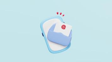 3D cartoon mobile phone, smartphone with envelope, at symbol isolated on blue background. notify newsletter, online social network, incoming email concept video