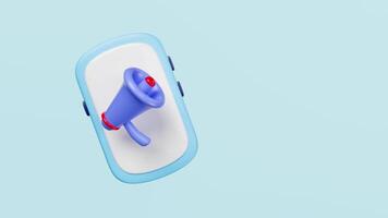 3d megaphone or loudspeaker, hand speaker icon with smartphone isolated on blue background. announcement alert concept video