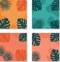 Four different tropical leaves and palm leaves on different colored squares vector