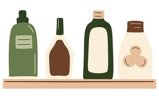 Abstract bottles products set, drinks, milk, juice in package, oil, sauce on shelf in a row from supermarket. Zero-waste packaging for eco-friendly design. illustration in organic flat style. vector
