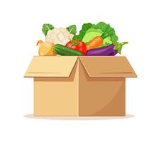 Cardboard box with vegetables cabbage, eggplant, onion, tomato, cauliflower and cucumber. vector