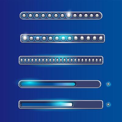Five stylized progress bars are set against a blue gradient background