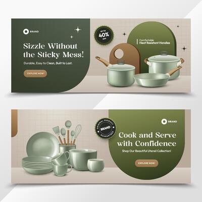Realistic Kitchen Utensils Horizontal Banner Set