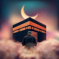 Realistic Hajj Background with the Kaaba Clouds and Half Moon vector