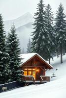 A wooden cabin surrounded by trees under a soft snowfall in the mountains photo