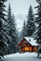 A wooden cabin surrounded by snow-covered trees under a soft snowfall in the mountains photo