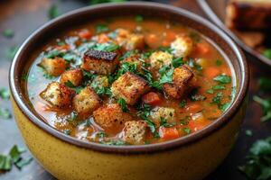 cauliflower soup with croutons photo