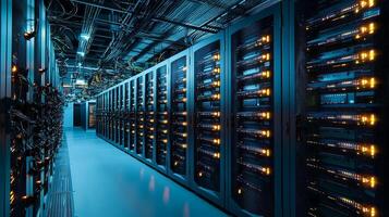 Modern Data Center with Powerful Servers and Glowing Network Lights photo