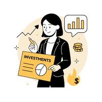 a woman analyzing her investment portfolio using charts and data. Ideal for stock market dashboards, finance web pages, fintech apps, and business illustrations vector