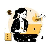 a woman analyzing stock charts on a laptop. Perfect for finance dashboards, investment web pages, fintech apps, and trading platform illustrations. in a modern Stock Market flat illustrations vector