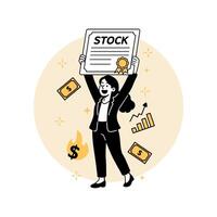 a woman proudly holding a stock certificate. Ideal for financial web pages, fintech apps, investing platforms, landing pages, and stock market visuals. in a modern Stock Market flat illustrations vector