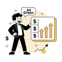 a smiling man pointing at a rising stock chart. for finance apps, dashboards, investment websites, icons, and landing pages about market growth. in a modern Stock Market flat illustrations vector