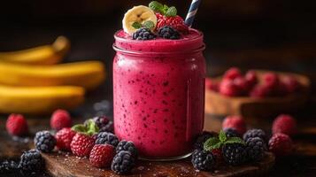 smoothie with berries and bananas on a wooden table photo