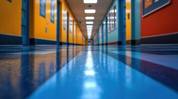 a long hallway with colorful walls and blue floors photo
