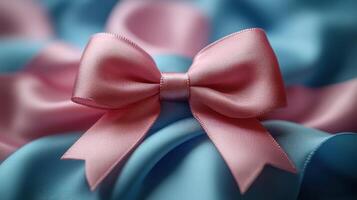 Elegant pink satin bow on soft blue fabric creates a charming and delicate decor for celebrations or special occasions photo
