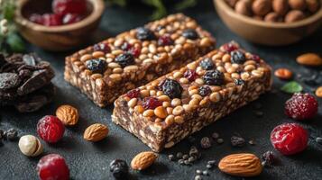 healthy granola bars with nuts and dried fruits photo