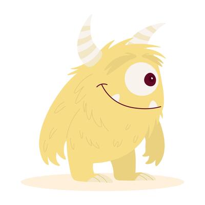Yellow cute monster with one eye and horns. Funny cyclops character. Smiling fluffy beast.