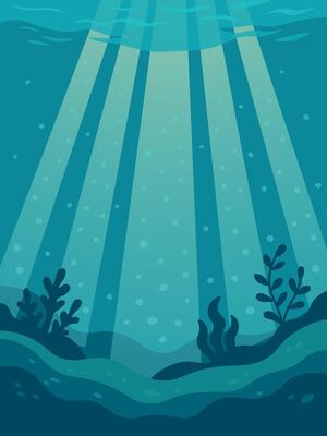 Underwater background with sun rays and sea plants. Ocean floor scenery. Submarine light beams.