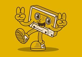 Tape cassette mascot character in happy expression, hands forming peace symbol. Yellow background vector