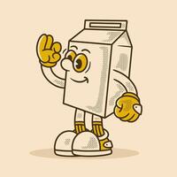 Cheerful Cartoon Milk Carton Mascot Showing OK Gesture, in retro colors vector