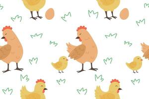Seamless pattern with chickens, chicks, eggs and plants vector