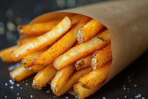 french fries in a paper bag on a black table photo