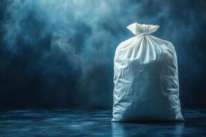 White tied bag on dark background. Textile, storage bag, waste disposal photo