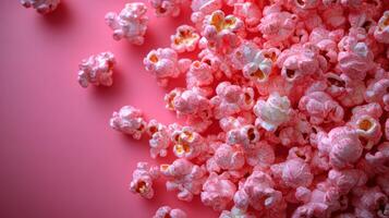 Colorful sweet popcorn scattered on a bright pink surface creating a fun and vibrant visual scene photo