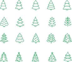 Thin line icon set of green trees in various shapes. Forest, nature, tree, christmas, xmas, winter concept. Simple icons, flat illustrations. vector