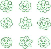 Thin line icon set of green cartoon flower emoji with face expression smile angry sad surprised. Simple icons, flat illustrations. vector