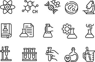 Pixel perfect icon set of chemistry biology science research molecule atom particle dna. Thin line icons flat illustrations. vector
